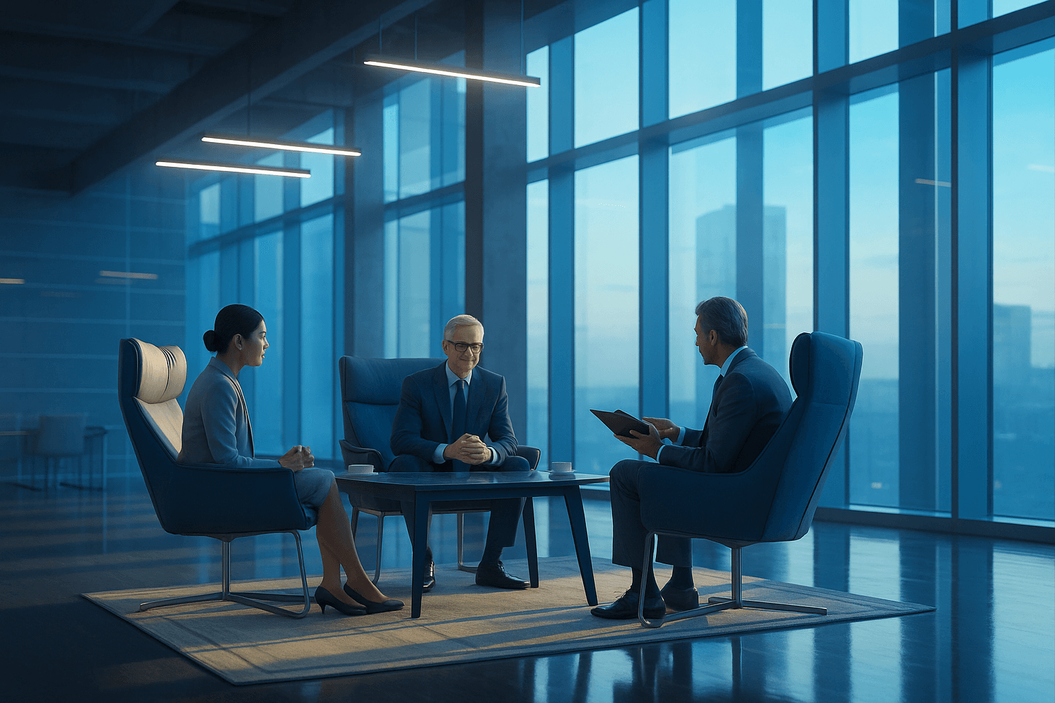 Executive coaching conversation in a bright modern office